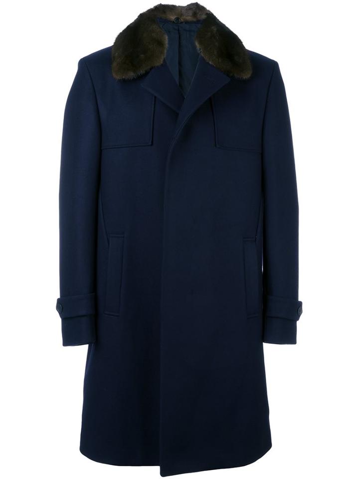 Fendi Mink Fur Collar Coat, Men's, Size: 50, Blue, Mink Fur/polyamide/cupro/wool