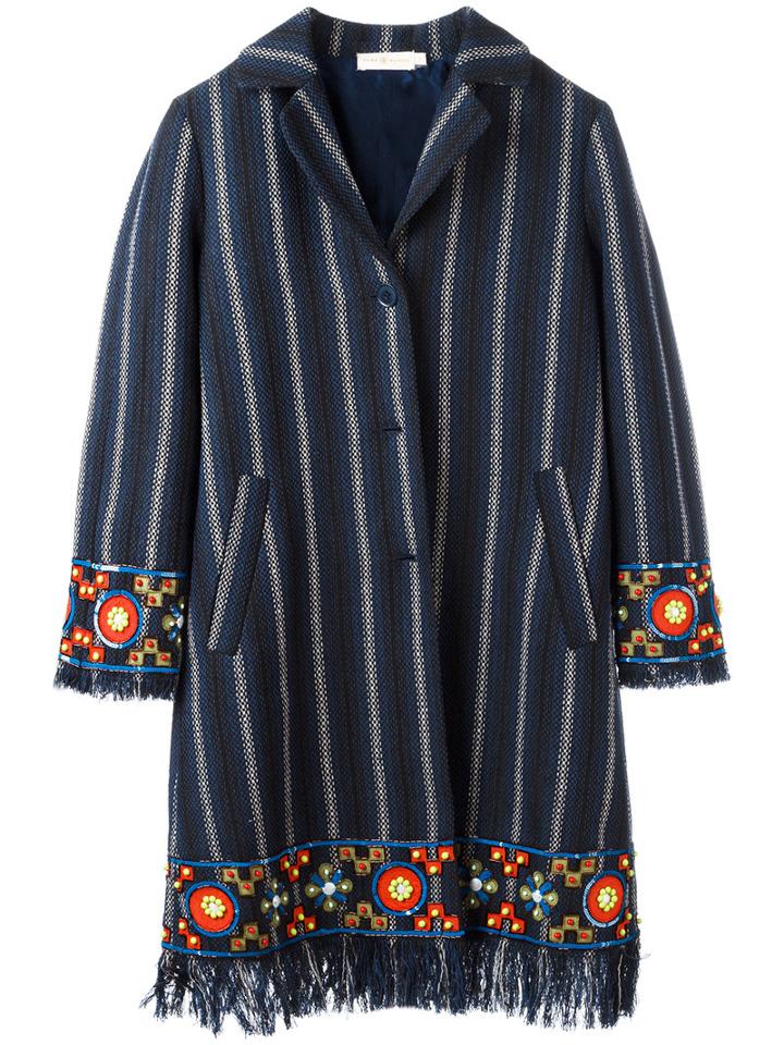 Tory Burch Embellished Fringed Coat, Women's, Size: 8, Blue, Cotton/polyester/viscose/other Fibers