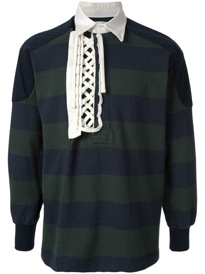 Facetasm Lace-up Detail Striped Polo Shirt - Green