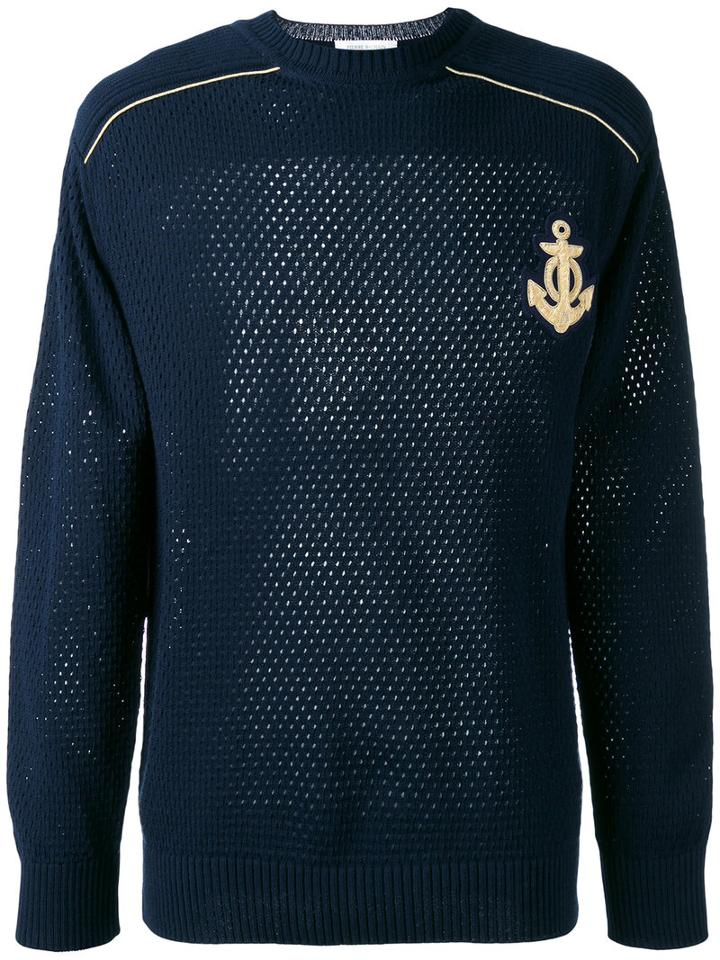 Embroidered Pointelle-knit Sweater - Men - Cotton - 48, Blue, Cotton, Pierre Balmain