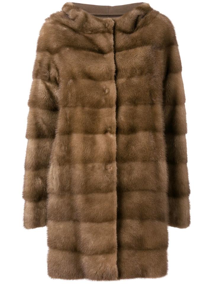 Liska Hooded Mink Fur Coat - Brown