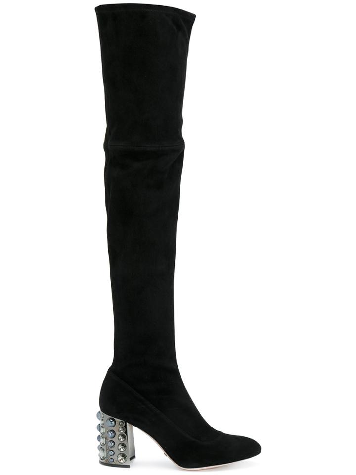 Sebastian Thigh High Boots With Embellished Heel - Black
