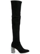 Sebastian Thigh High Boots With Embellished Heel - Black