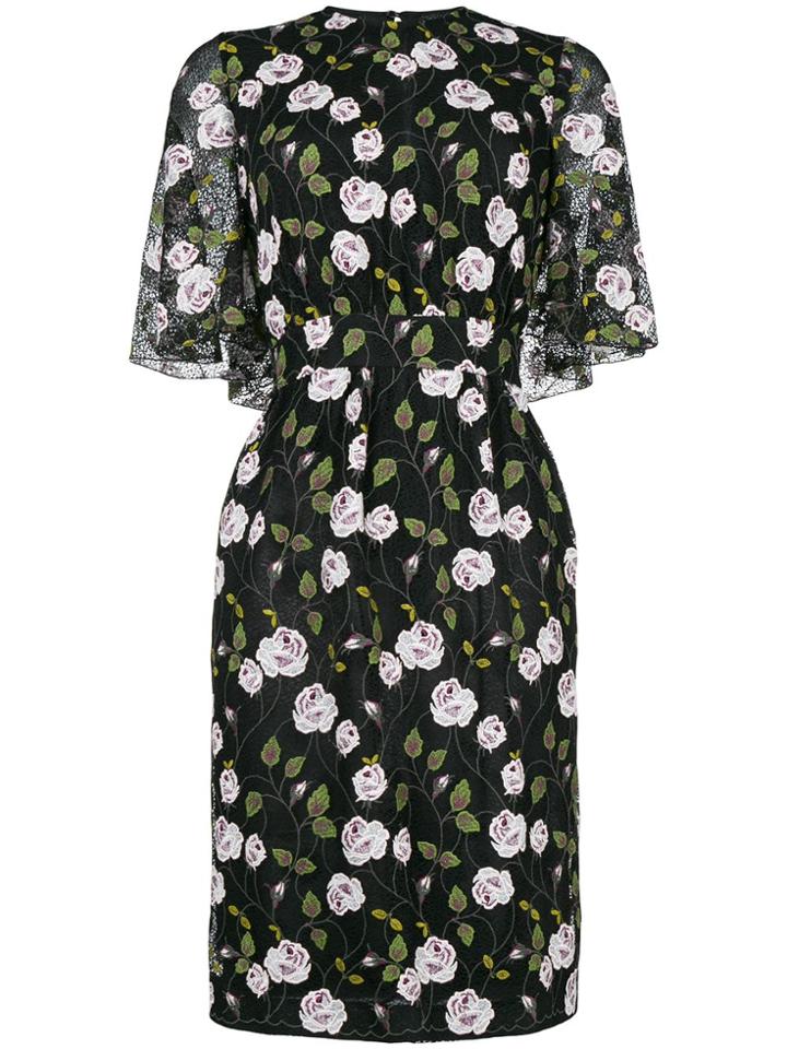 Giambattista Valli Floral Print Cape Effect Midi Dress - Black