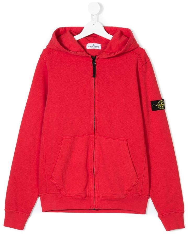 Stone Island Junior Logo Patch Zip Hoodie - Red
