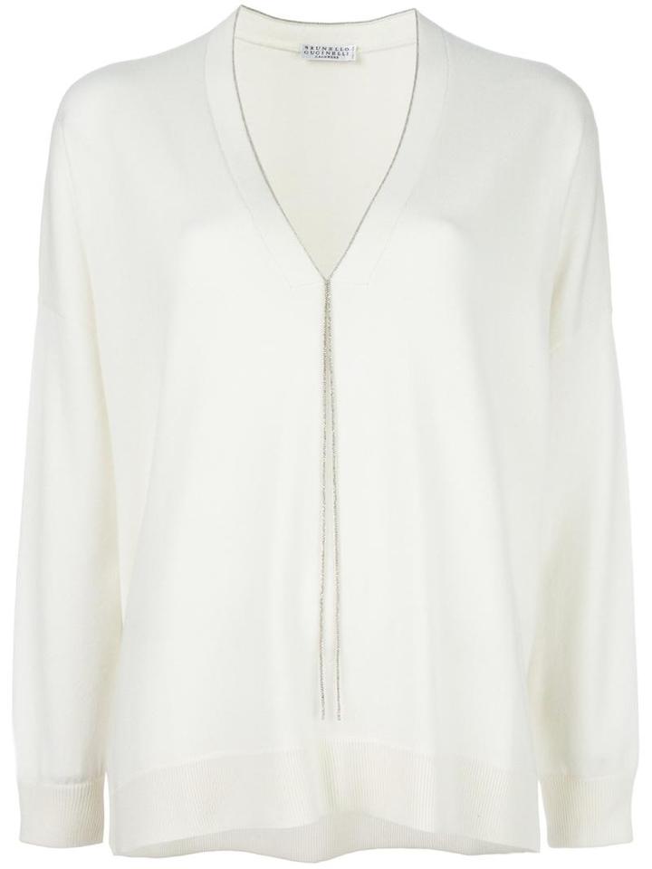 Brunello Cucinelli Glitter Detail V-neck Jumper, Women's, Size: Xl, Nude/neutrals, Cashmere