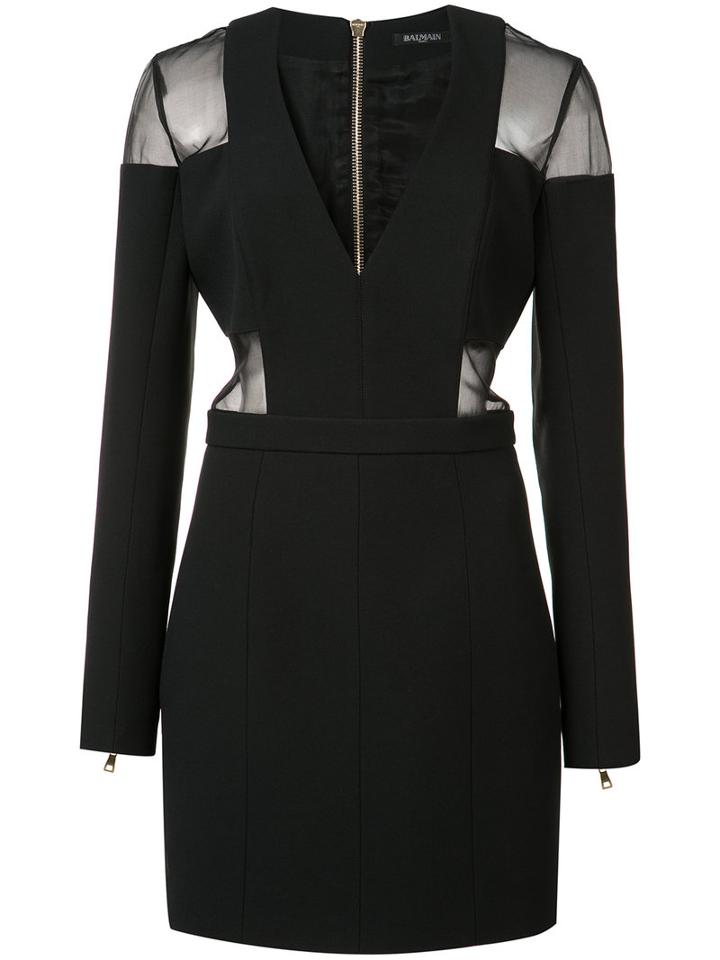 Balmain Sheer Detail Fitted Dress, Women's, Size: 36, Black, Cotton/polyurethane/acetate/silk