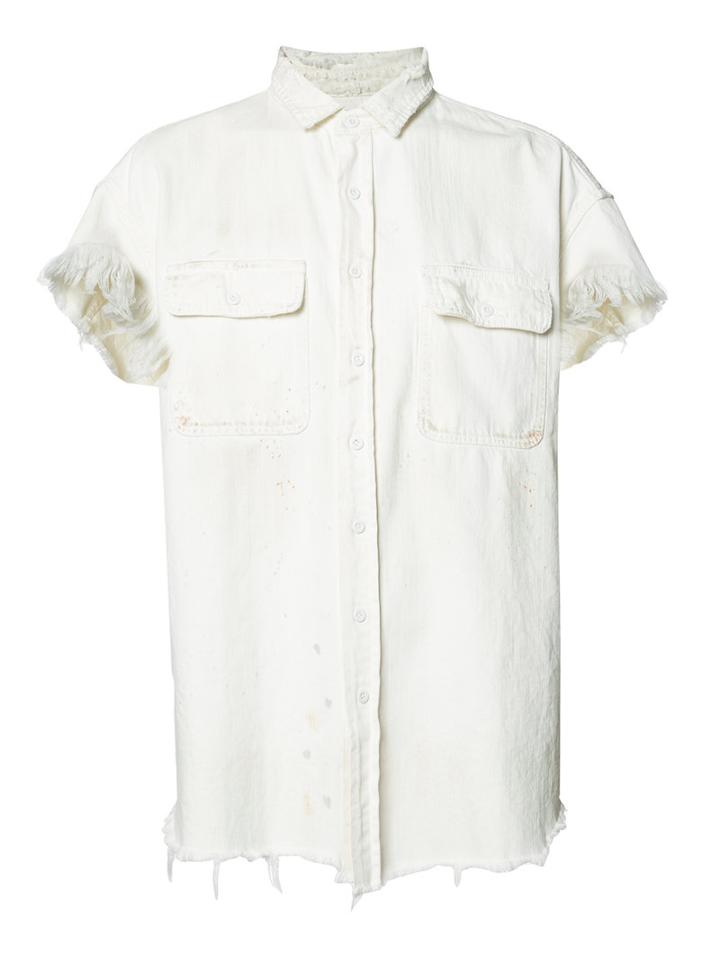 R13 Frayed Denim Shirt, Men's, Size: Large, White, Cotton