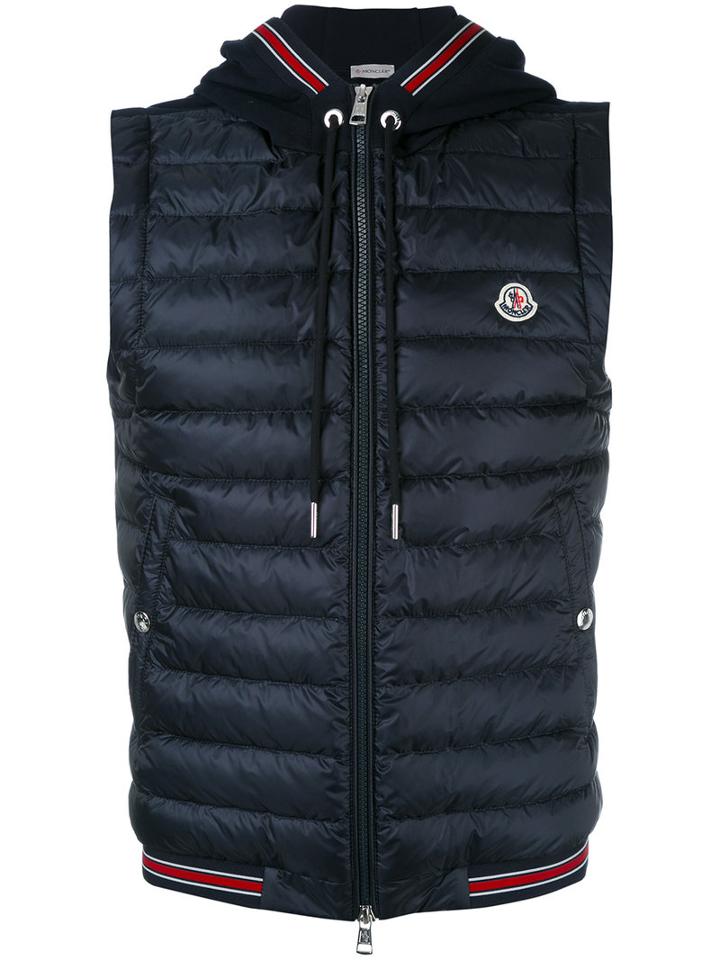 Moncler Striped Trim Hooded Waistcoat, Men's, Size: Large, Blue, Polyamide/cotton/feather Down