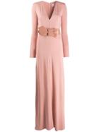 Elisabetta Franchi Deep V-neck Bow Belted Gown - Pink