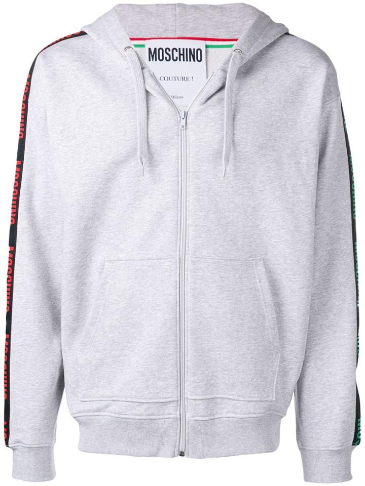 Moschino Branded Striped Sleeve Hoodie - Grey