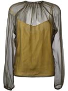 Rochas Bishop Sleeve Sheer Blouse, Women's, Size: 40, Green, Silk