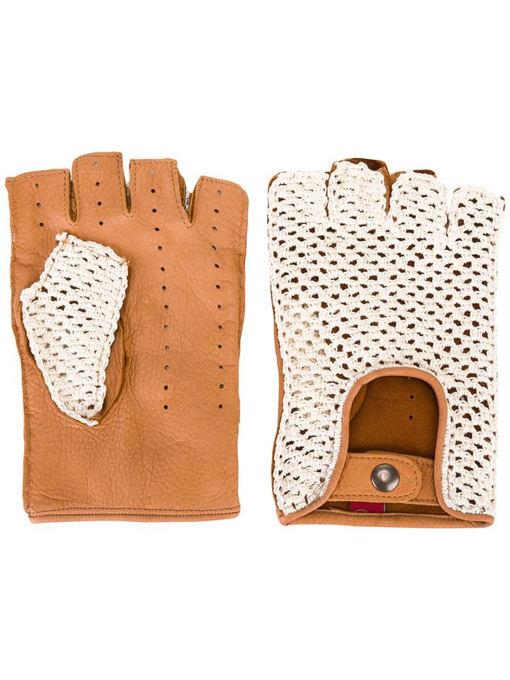 Al Duca D'aosta 1902 Woven Panel Fingerless Gloves, Men's, Size: 9, Brown, Leather/cotton