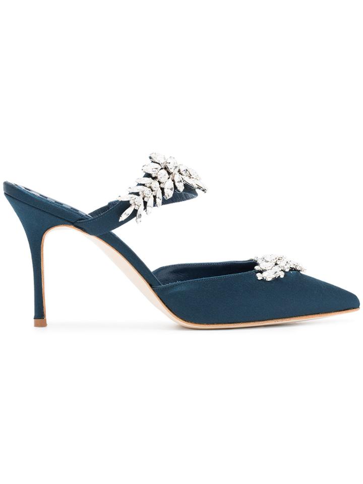 Manolo Blahnik Blue Lurum 90 Crystal Silk Satin Mules