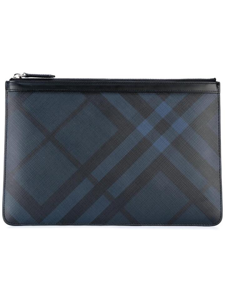 Burberry Checked Top Zip Clutch, Men's, Blue, Pvc/calf Leather/polyester