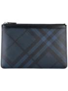 Burberry Checked Top Zip Clutch, Men's, Blue, Pvc/calf Leather/polyester