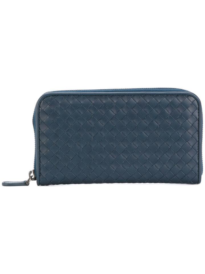 Bottega Veneta Denim Intrecciato Zip Around Wallet - Blue