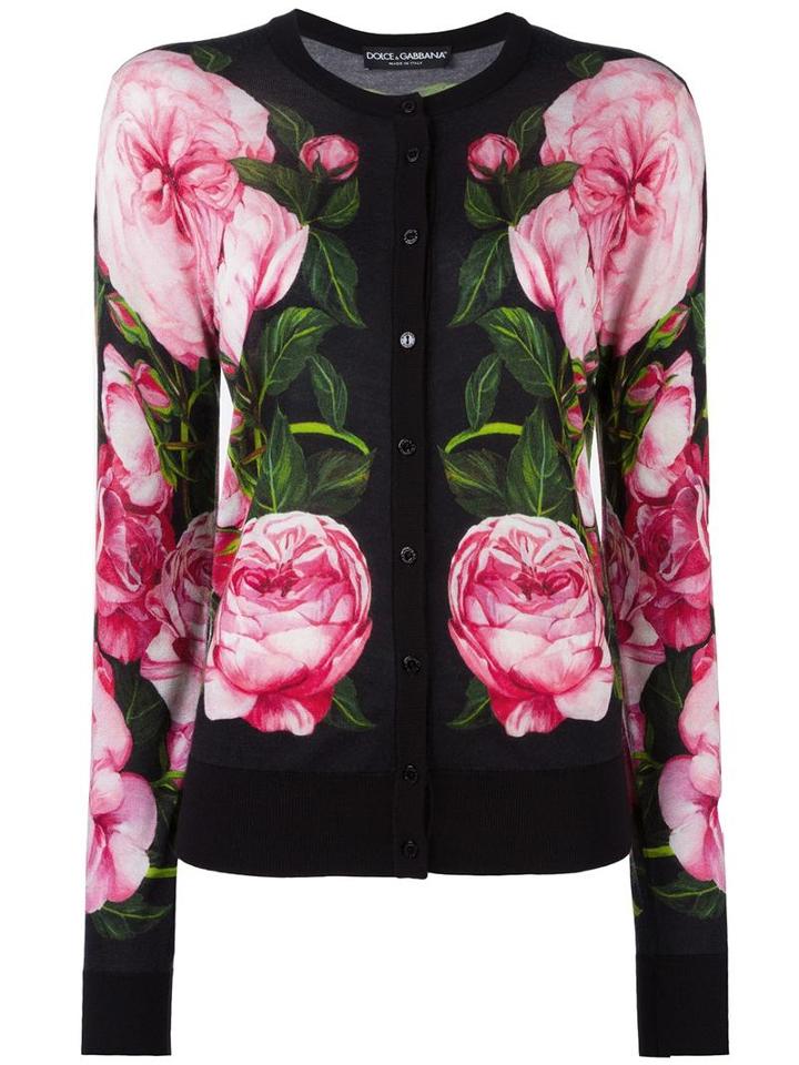 Rose Print Cardigan, Women's, Size: 44, Black, Cashmere/silk, Dolce & Gabbana