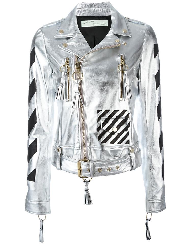 Off-white Diagonal Carryover Biker Jacket, Women's, Size: Medium, Grey, Lamb Skin/viscose