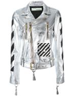 Off-white Diagonal Carryover Biker Jacket, Women's, Size: Medium, Grey, Lamb Skin/viscose