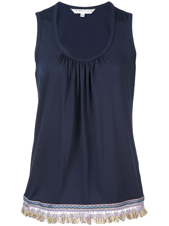 Trina Turk Frayed Trim Draped Tank Top - Blue