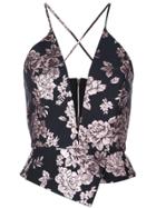 Michelle Mason Floral Plunge Top - Black