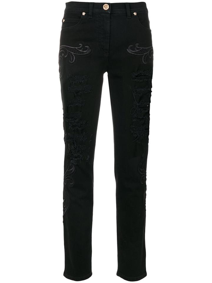 Versace Baroque-embroidered Distressed Jeans - Black