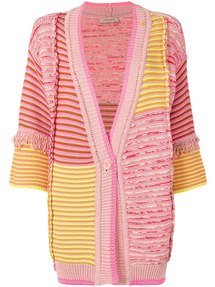 Twin-set Patchwork Knit Fringed Cardigan - Pink