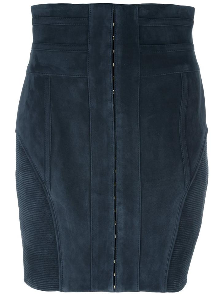 Balmain Ribbed Detail Skirt, Women's, Size: 36, Blue, Cotton/lamb Skin/viscose