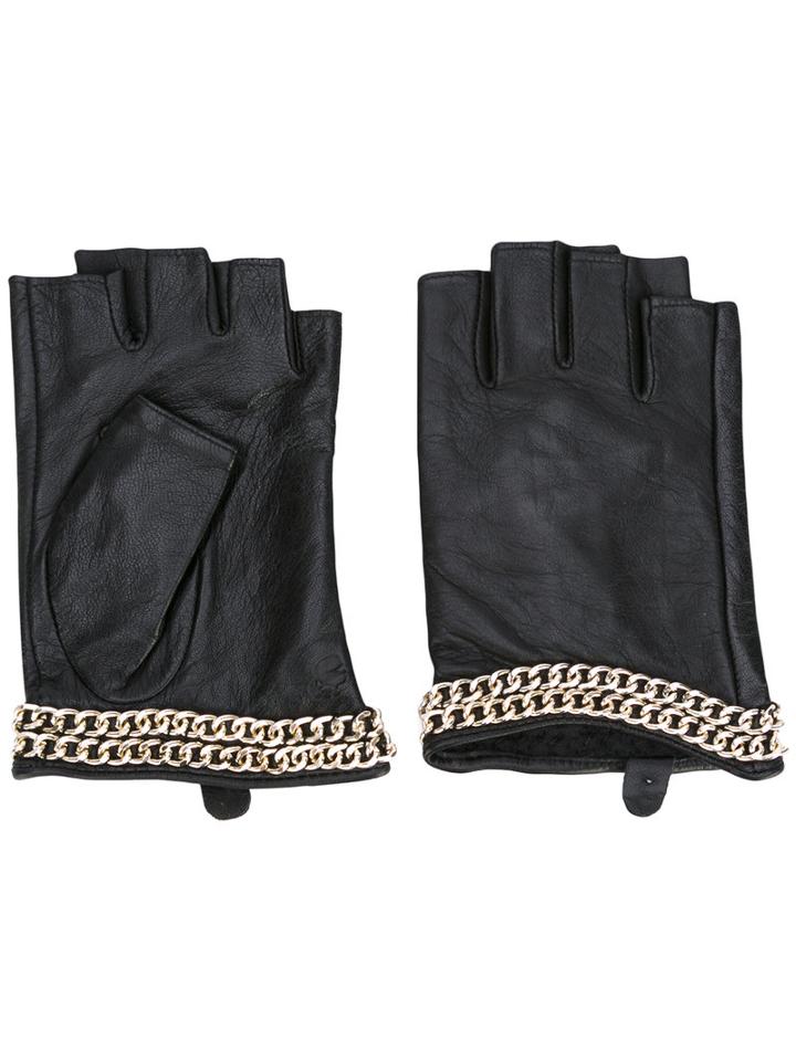 Karl Lagerfeld - Chain Trim Fingerless Gloves - Women - Goat Skin - S/m, Women's, Black, Goat Skin
