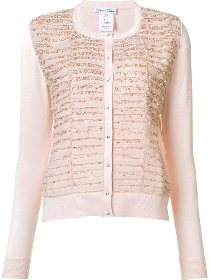 Oscar De La Renta Bead Embellished Cardigan, Women's, Size: Large, Pink/purple, Silk/cashmere
