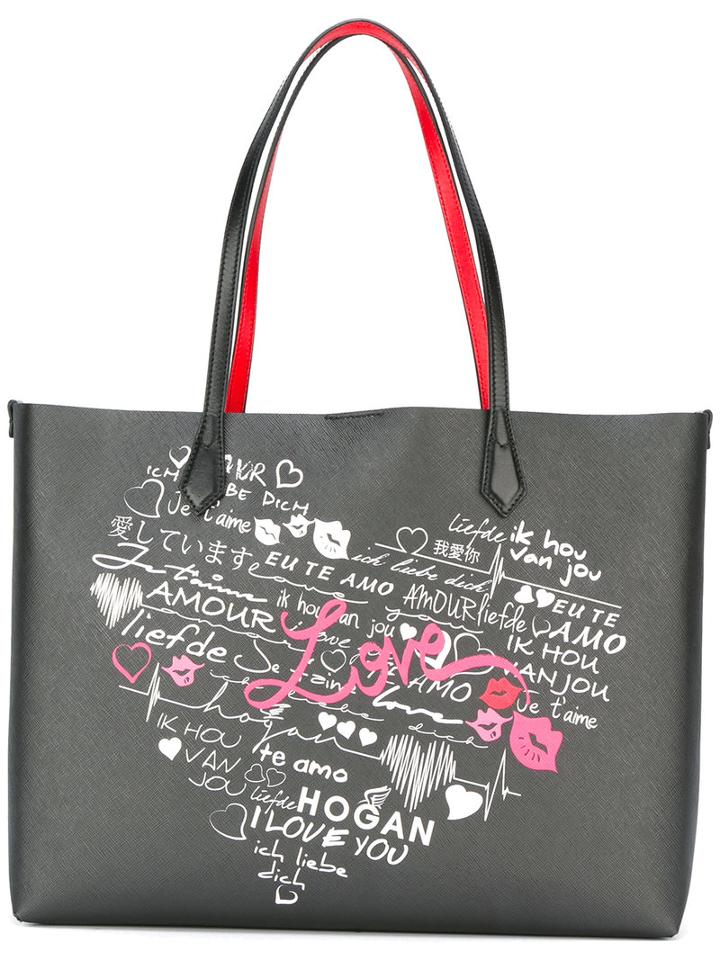 Hogan Heart Print Tote, Women's, Black, Leather