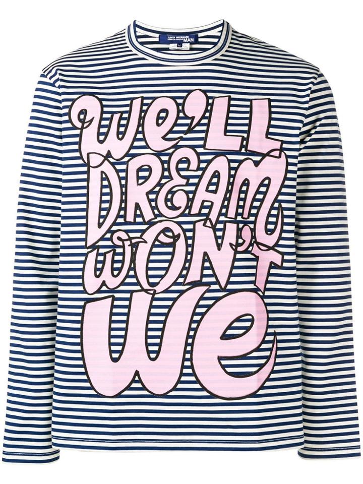 Comme Des Garçons Striped Slogan Print Top - White