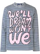 Comme Des Garçons Striped Slogan Print Top - White