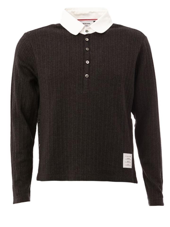 Thom Browne Ribbed Long Sleeved Polo Shirt, Men's, Size: 0, Grey, Cotton