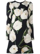 Dolce & Gabbana Tulip Print Mini Dress, Women's, Size: 44, Black, Wool/silk/spandex/elastane
