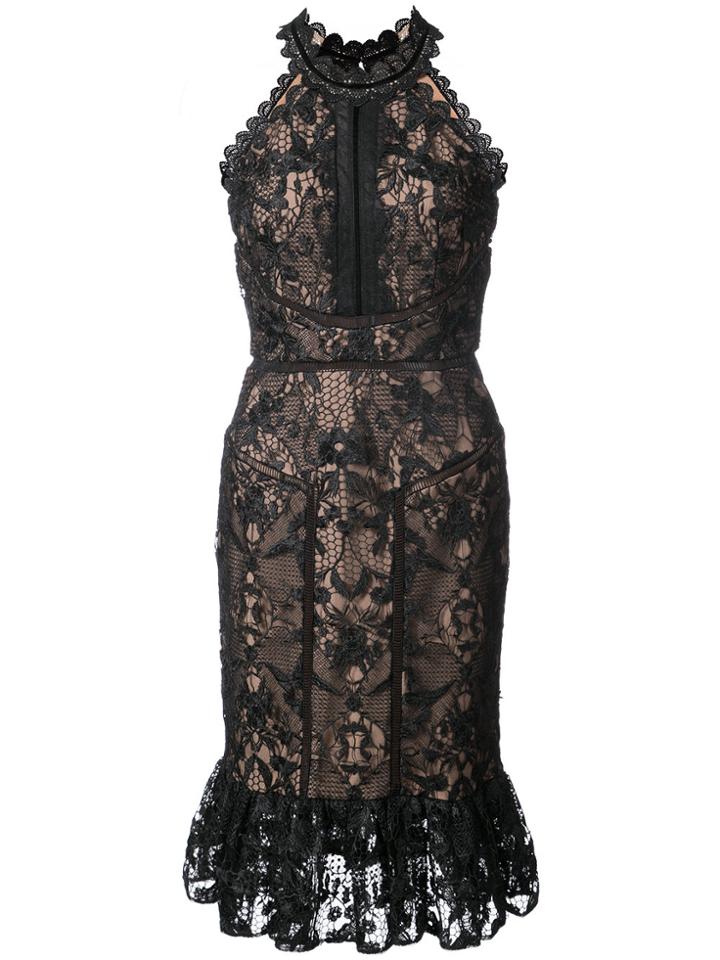 Marchesa Notte Ruffled Hem Guipure Lace Dress - Black