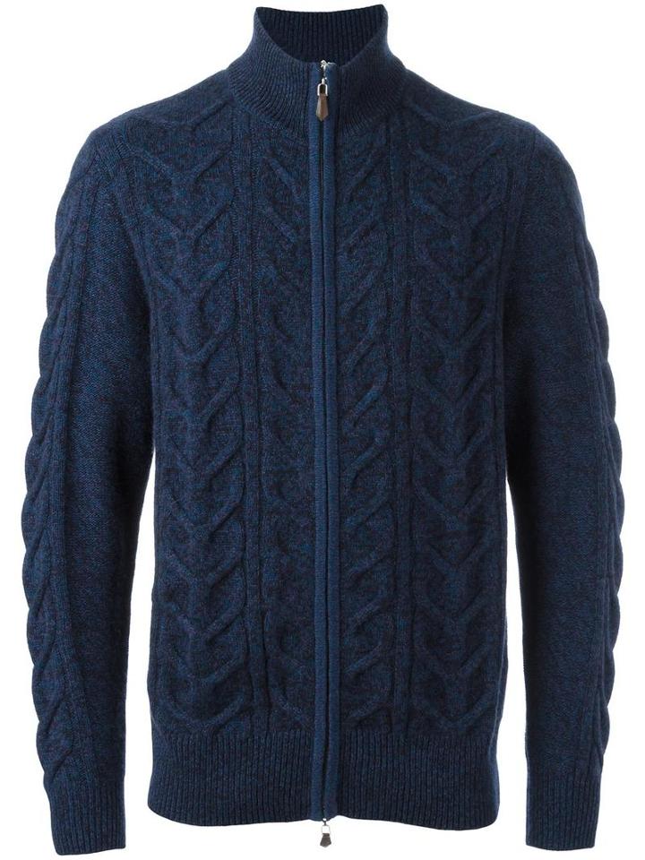 N.peal Zip Through Cable Cardigan, Men's, Size: Large, Blue, Cashmere