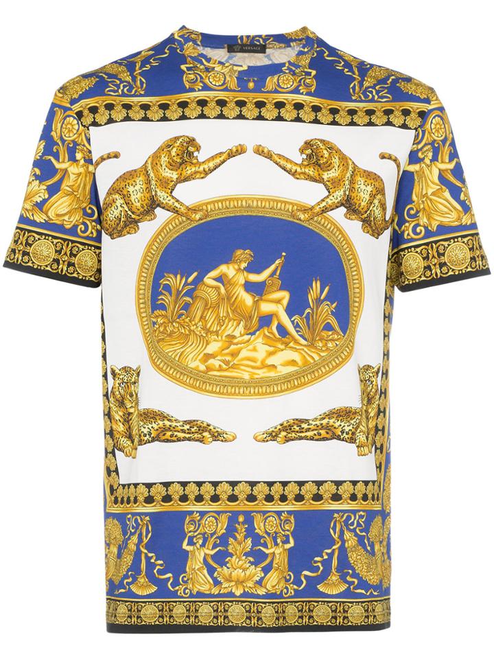 Versace Blue And White Medusa Print Cotton Short Sleeve T Shirt -