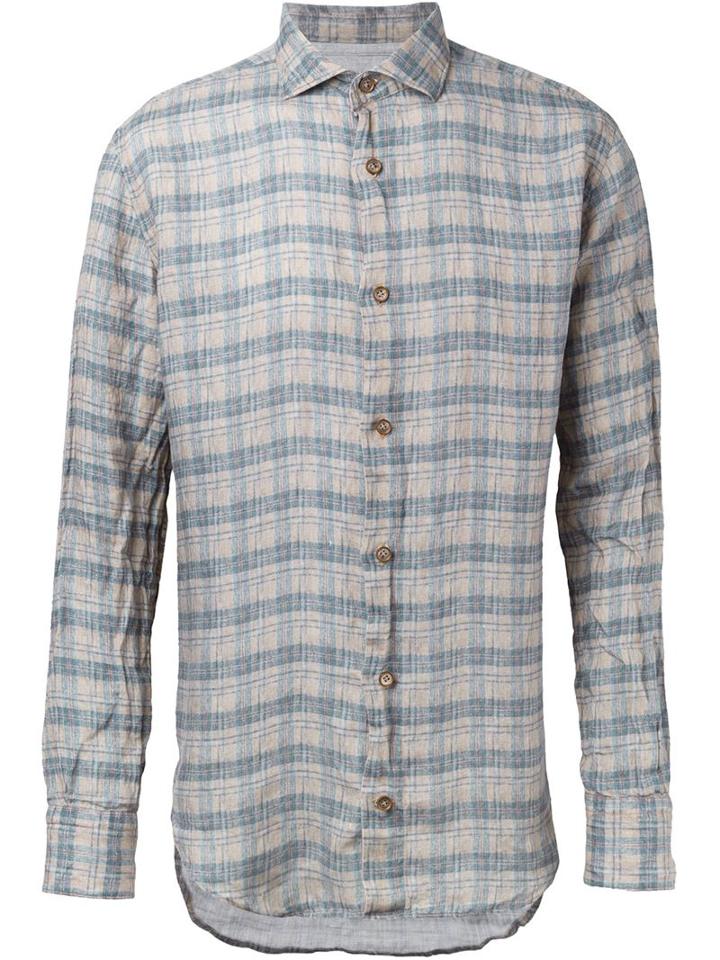 Eleventy Plaid Shirt, Men's, Size: 41, Blue, Linen/flax