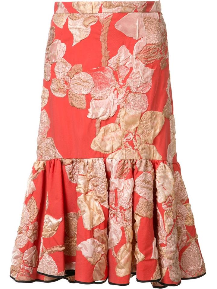 Tome Embroidered Flowers Pleated Skirt, Women's, Size: 2, Red, Silk