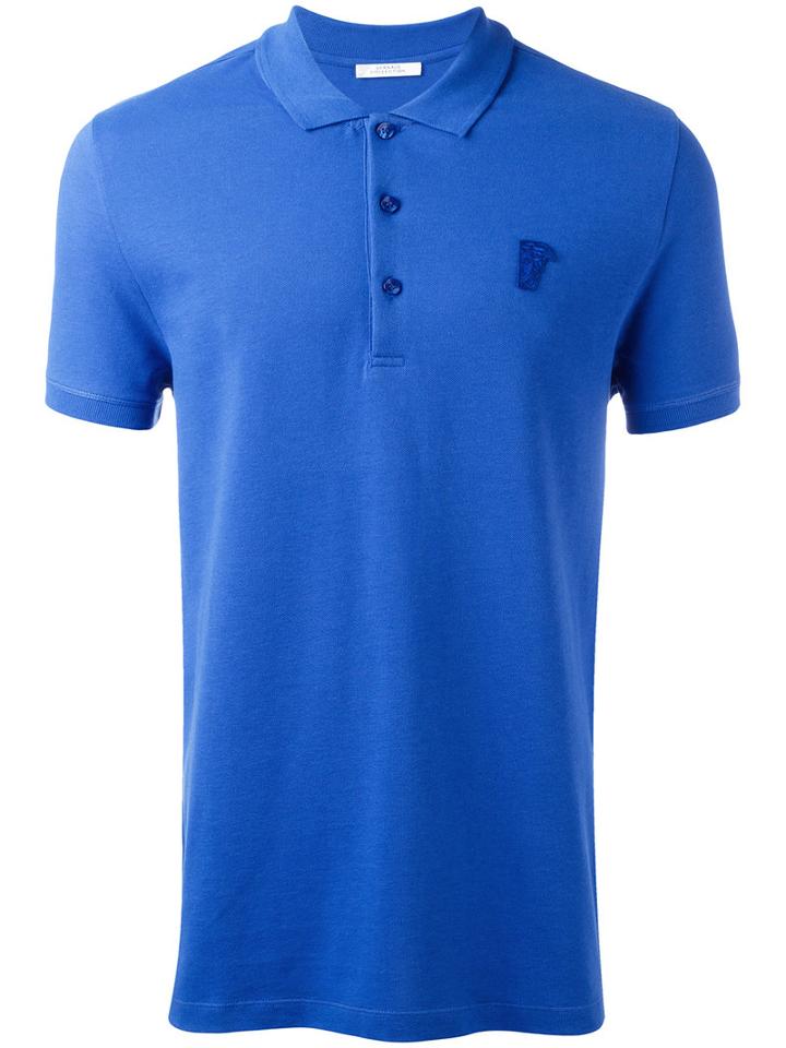 Versace Collection Logo Embroidered Polo Shirt, Men's, Size: Large, Blue, Cotton