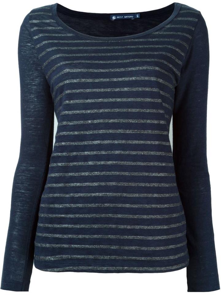 Petit Bateau Striped Long Sleeve Top, Women's, Size: M, Blue, Linen/flax