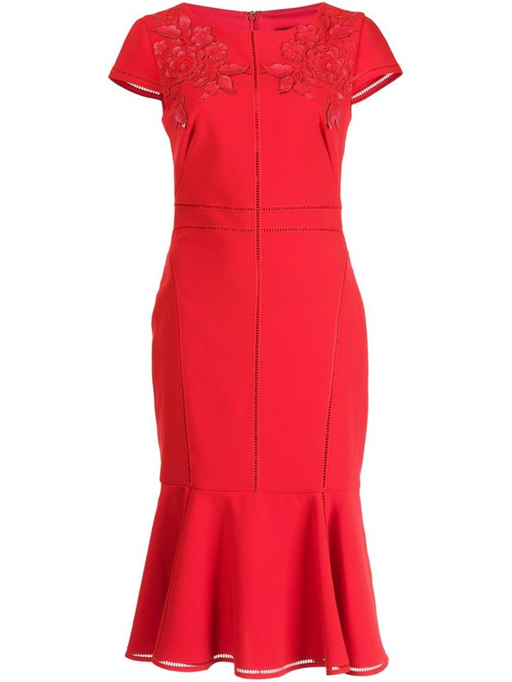 Marchesa Notte Embroidered Detail Dress, Women's, Size: 2, Red, Polyester
