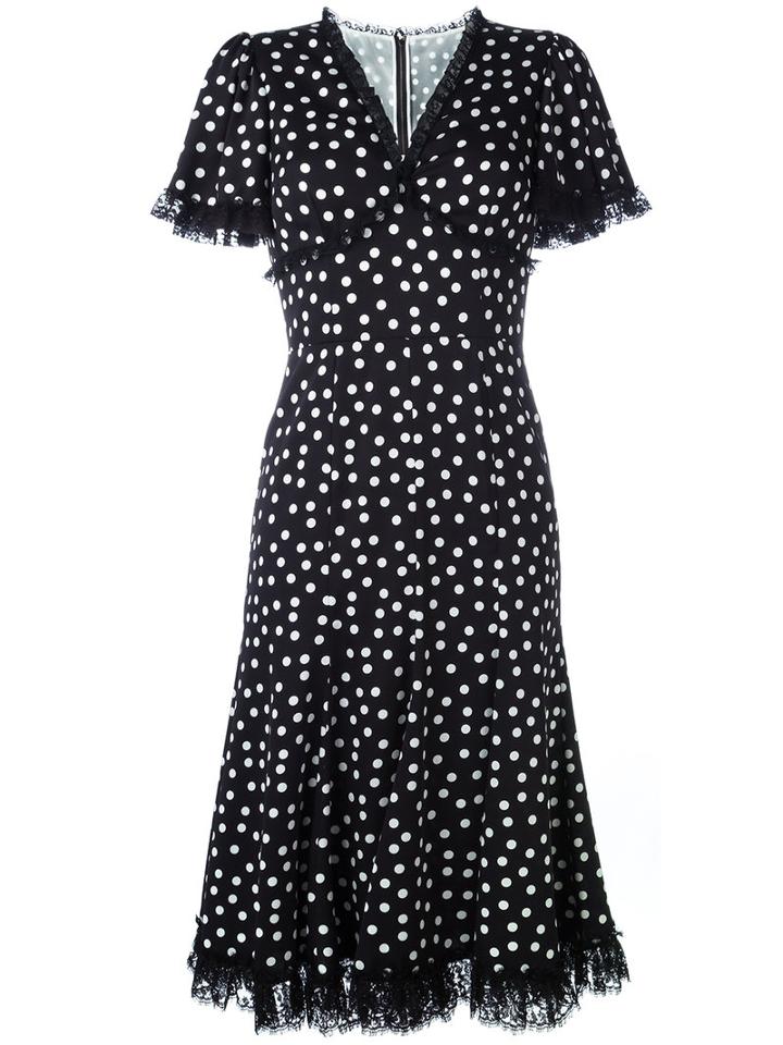 Dolce & Gabbana Polka Dot Lace Trim Dress, Women's, Size: 42, Black, Silk/cotton/spandex/elastane