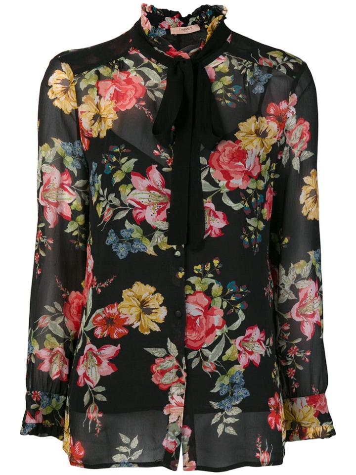 Twin-set Pussy Bow Floral Blouse - Black