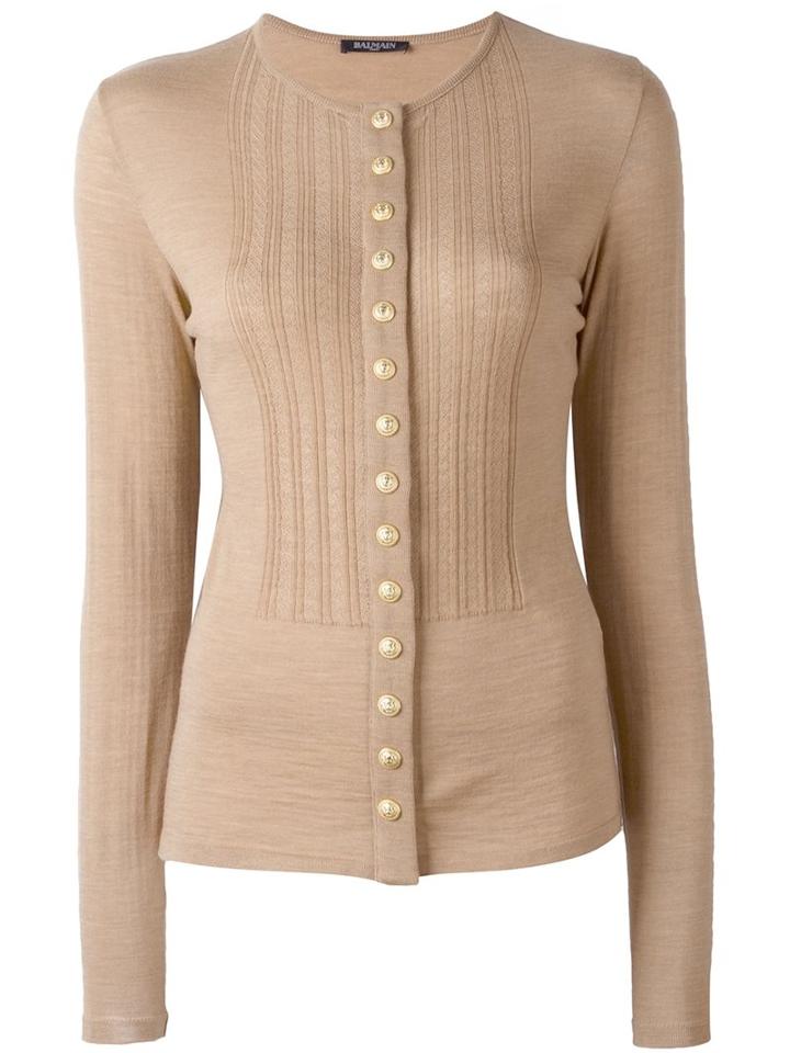Balmain Buttoned Ribbed Knit Top, Women's, Size: 38, Brown, Wool