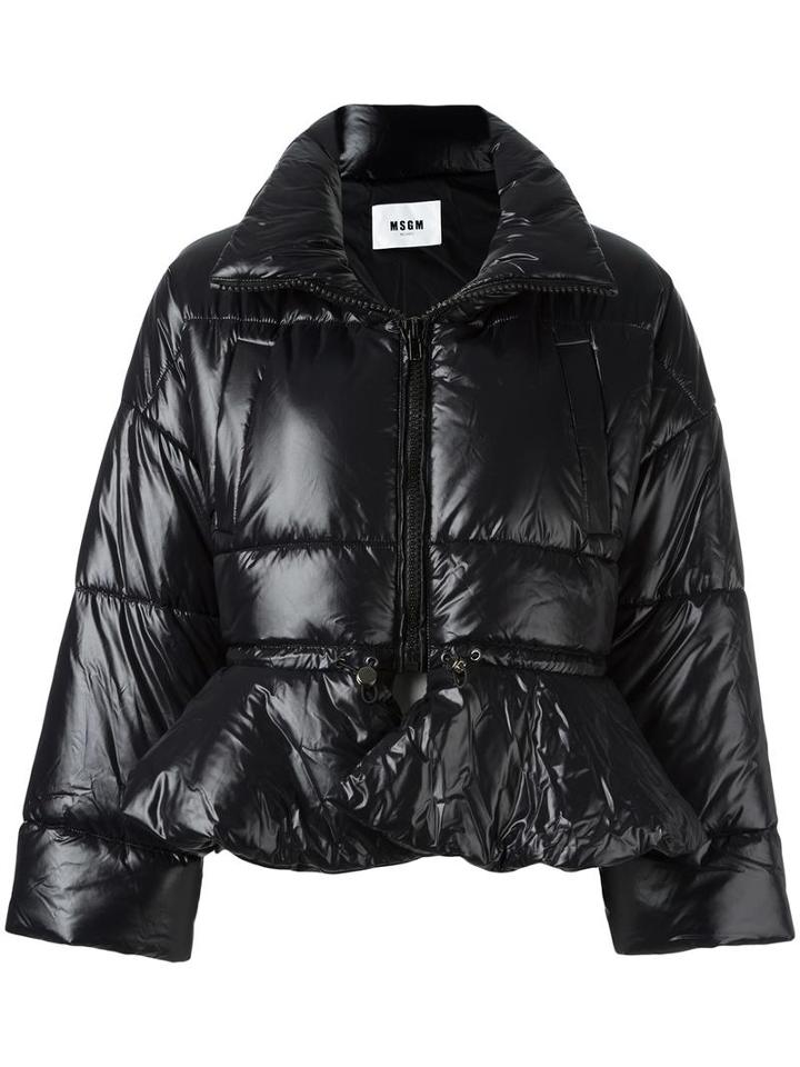 Msgm Quilted Ruffle Hem Puffer Jacket, Women's, Size: 42, Black, Polyamide