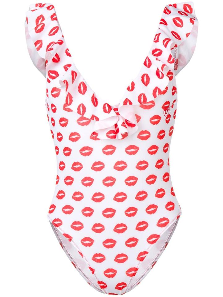 Chiara Ferragni Lip Print Frilled Swimsuit - White