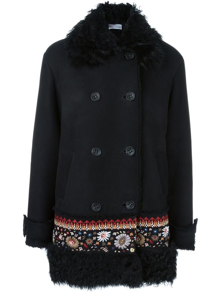 Red Valentino Embroidered Hem Double Breasted Coat, Women's, Size: 38, Black, Sheep Skin/shearling
